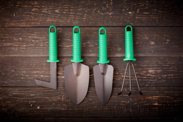 Gardening tools on wooden background flat lay top view